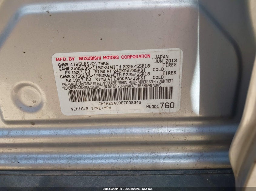 2014 Mitsubishi Outlander VIN JA4AZ3A39EZ008342 IAAI salvage auction — NORMAL WEAR, Clear-Dealer Only (Arizona), sold $1,250 on 2026-07-27 (photo 9)
