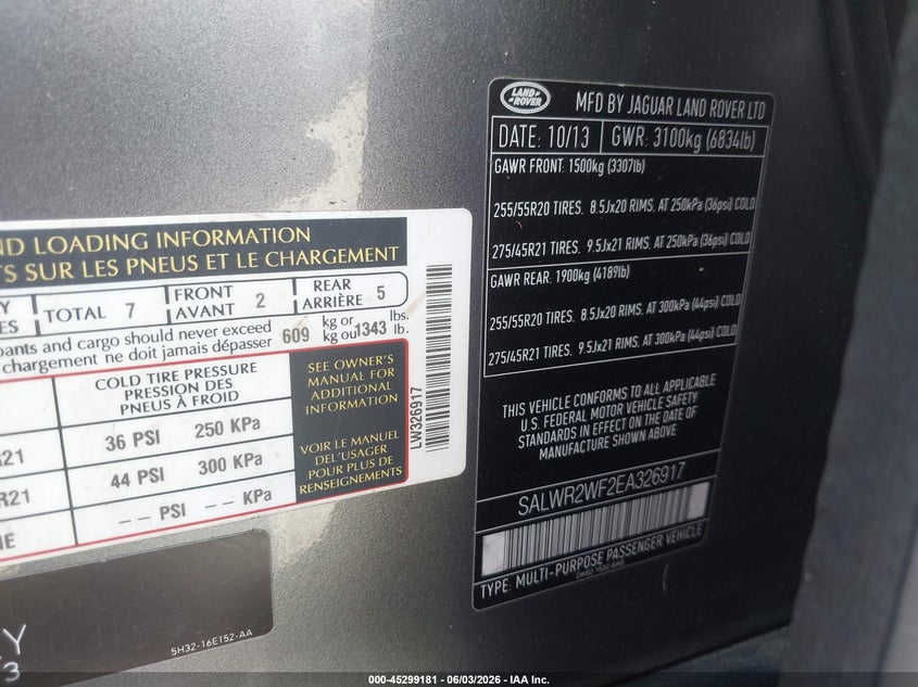 2014 Land rover Range rover sport VIN SALWR2WF2EA326917 IAAI salvage auction — NORMAL WEAR, Clear (Washington), sold $3,650 on 2026-07-22 (photo 9)