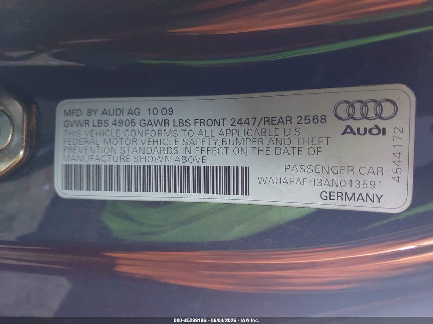 2010 Audi A5 VIN WAUAFAFH3AN013591 IAAI salvage auction — NORMAL WEAR, Clear-Dealer Only (Washington), sold $350 on 2026-07-07 (photo 9)