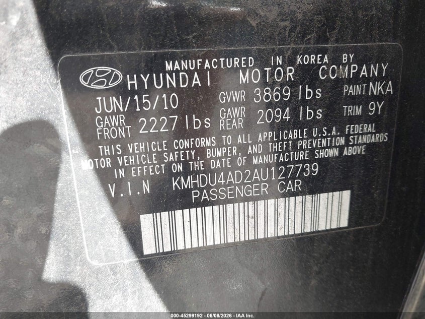 2010 Hyundai Elantra VIN KMHDU4AD2AU127739 IAAI salvage auction — LEFT & RIGHT, Clear (New Jersey), sold $350 on 2026-07-08 (photo 9)