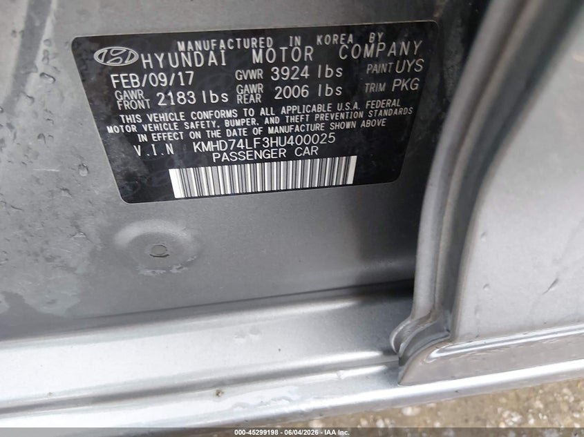 2017 Hyundai Elantra VIN KMHD74LF3HU400025 IAAI salvage auction — REAR END, Salvage Title, sold $1,950 on 2026-07-10 (photo 9)
