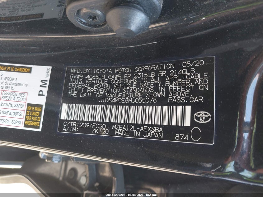 2021 Toyota Corolla VIN JTDS4MCE8MJ055078 IAAI salvage auction — LEFT FRONT, Salvage Title, sold $5,300 on 2026-07-15 (photo 9)