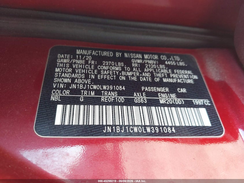 2020 Nissan Rogue VIN JN1BJ1CW0LW391084 IAAI salvage auction — FRONT END, Salvage Title, sold $2,050 on 2026-07-09 (photo 9)