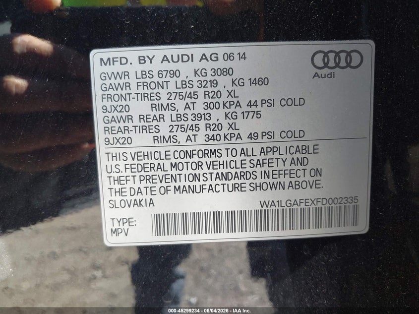 2015 Audi Q7 VIN WA1LGAFEXFD002335 IAAI salvage auction — FRONT END, Salvage (Idaho), sold $425 on 2026-07-29 (photo 9)