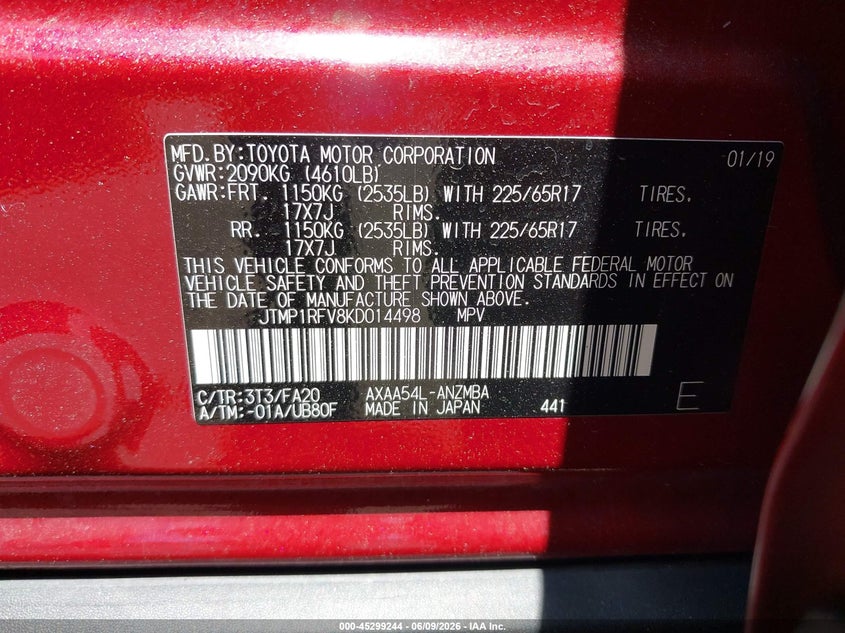2019 Toyota Rav 4 VIN JTMP1RFV8KD014498 IAAI salvage auction — FRONT END, Salvage Title, sold $11,000 on 2026-07-15 (photo 9)