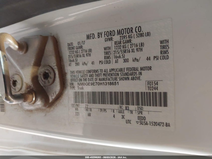 2017 Ford Transit connect VIN NM0GE9E70H1318651 IAAI salvage auction — FRONT END, Sf97 (Texas), sold $11,925 on 2026-07-07 (photo 9)