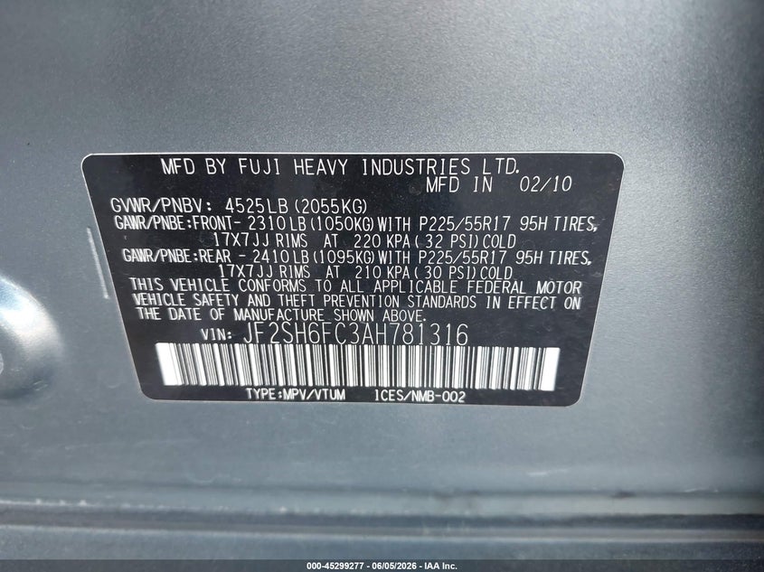 2010 Subaru Forester VIN JF2SH6FC3AH781316 IAAI salvage auction — NORMAL WEAR, Clear-Dealer Only (Arizona), sold $650 on 2026-07-28 (photo 9)