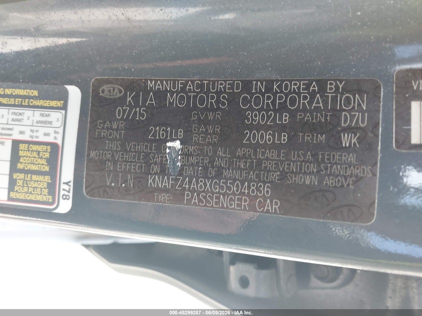 2016 Kia Forte VIN KNAFZ4A8XG5504836 IAAI salvage auction — WATER/FLOOD, Salvage (Texas), sold $1,075 on 2026-07-17 (photo 9)