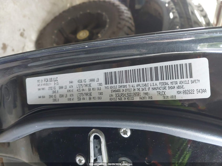2016 Ram 2500 VIN 3C6UR5HL5GG126581 IAAI salvage auction — LEFT REAR, Salvage Title, sold $11,000 on 2026-07-20 (photo 9)