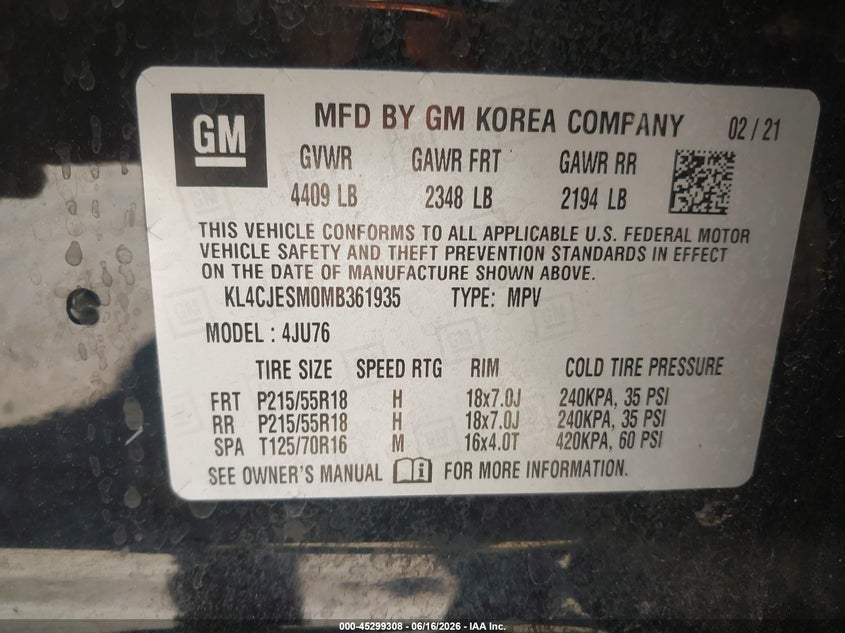 2021 Buick Encore VIN KL4CJESM0MB361935 IAAI salvage auction — NORMAL WEAR, Salvage Title, sold $25 on 2026-07-21 (photo 9)