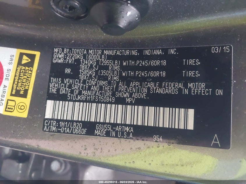 2015 Toyota Highlander VIN 5TDJKRFH1FS150849 IAAI salvage auction — FRONT END, Salvage Title, sold $5,475 on 2026-07-08 (photo 9)