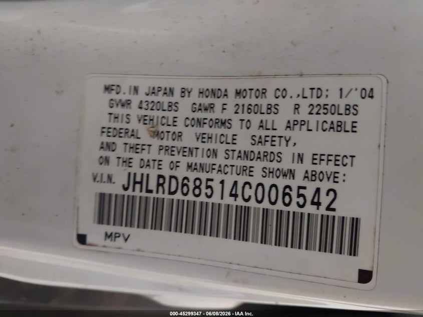 2004 Honda Cr-v VIN JHLRD68514C006542 IAAI salvage auction — REAR END, Salvage (Tennessee), sold $475 on 2026-07-13 (photo 9)