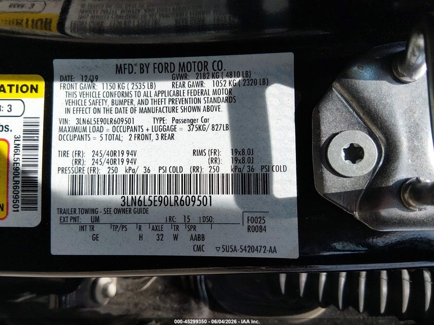 2020 Lincoln Mkz VIN 3LN6L5E90LR609501 IAAI salvage auction — LEFT FRONT, Salvage Title, sold $3,350 on 2026-07-05 (photo 9)