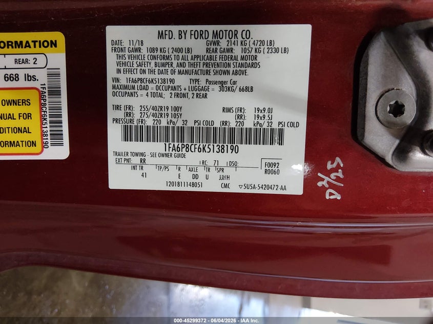 2019 Ford Mustang VIN 1FA6P8CF6K5138190 IAAI salvage auction — FRONT & REAR, Salvage (Idaho), sold $9,775 on 2026-08-21 (photo 9)