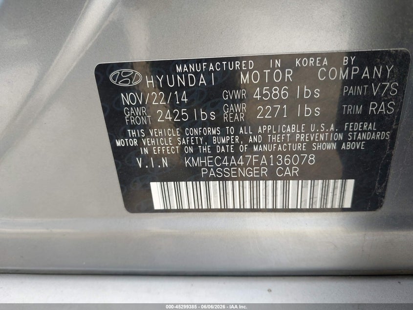 2015 Hyundai Sonata hybrid VIN KMHEC4A47FA136078 IAAI salvage auction — TRANSMISSION, Clear (Virginia), sold $25 on 2026-07-27 (photo 9)