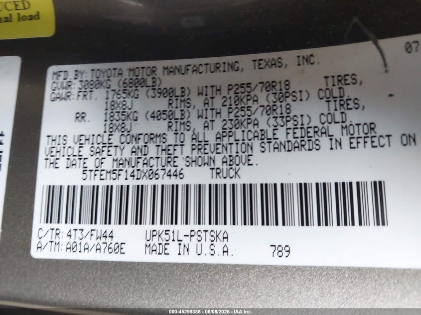 2013 Toyota Tundra VIN 5TFEM5F14DX067446 IAAI salvage auction — FRONT END, Salvage Title, sold $2,550 on 2026-07-28 (photo 9)