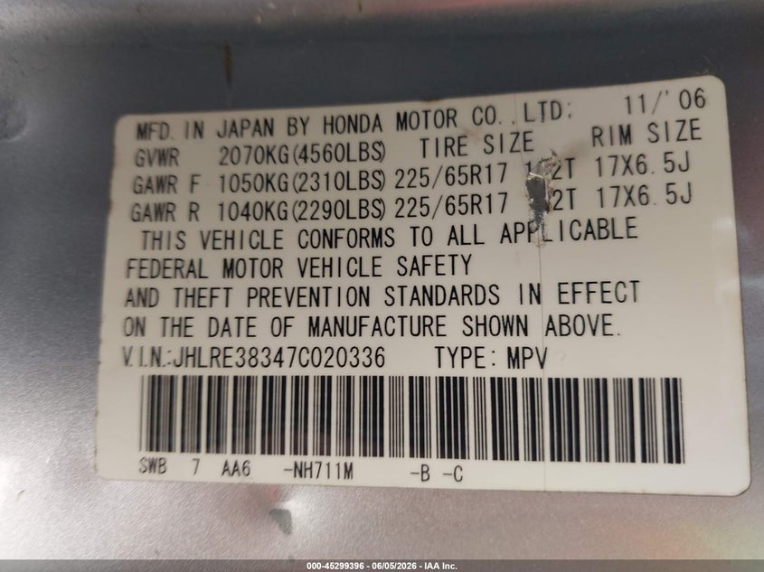 2007 Honda Cr-v VIN JHLRE38347C020336 IAAI salvage auction — FRONT & REAR, Salvage (Pennsylvania), sold $1,100 on 2026-07-07 (photo 9)