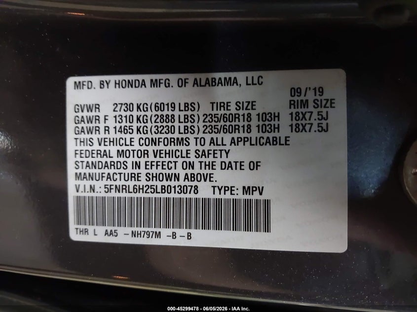 2020 Honda Odyssey VIN 5FNRL6H25LB013078 IAAI salvage auction — FRONT END, Salvage Title, sold $4,700 on 2026-07-09 (photo 9)