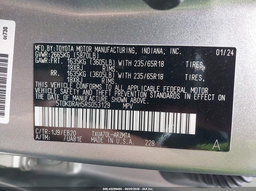 2024 Toyota Highlander VIN 5TDKDRAH5RS053129 IAAI salvage auction — FRONT END, Salvage Title, sold $6,300 on 2026-07-08 (photo 9)