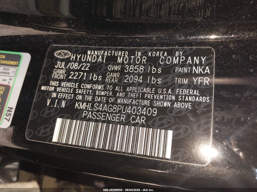 2023 Hyundai Elantra VIN KMHLS4AG8PU403409 IAAI salvage auction — FRONT END, Salvage Title, sold $4,350 on 2026-07-29 (photo 9)