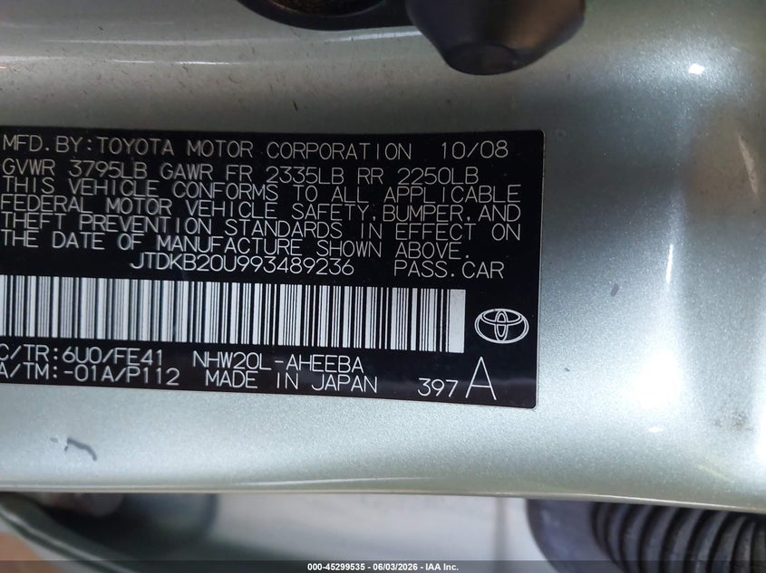 2009 Toyota Prius VIN JTDKB20U993489236 IAAI salvage auction — NORMAL WEAR, Clear (Minnesota), sold $550 on 2026-07-08 (photo 9)