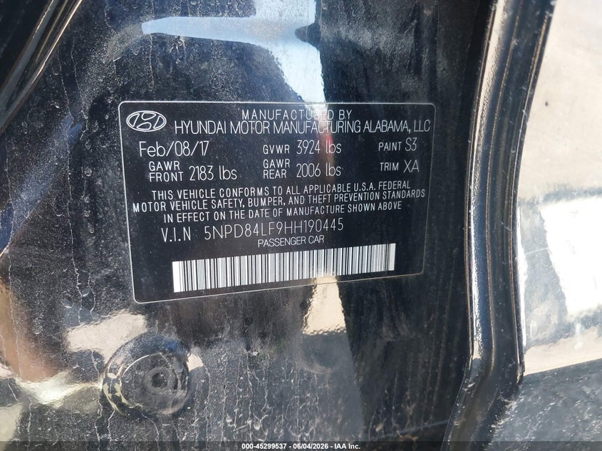 2017 Hyundai Elantra VIN 5NPD84LF9HH190445 IAAI salvage auction — FRONT & REAR, Salvage Title, sold $625 on 2026-07-31 (photo 9)