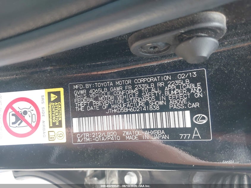 2013 Lexus Ct VIN JTHKD5BH6D2141838 IAAI salvage auction — HAIL, Salvage (Ohio), sold $3,000 on 2026-07-28 (photo 9)