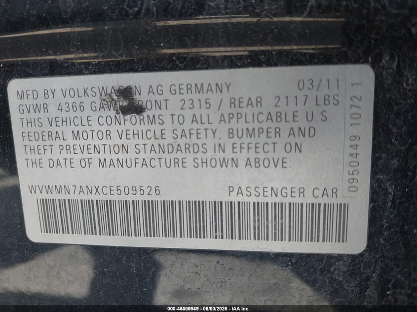 2012 Volkswagen Passat cc VIN WVWMN7ANXCE509526 IAAI salvage auction — FRONT END, Salvage (Idaho), sold $100 on 2026-07-31 (photo 9)