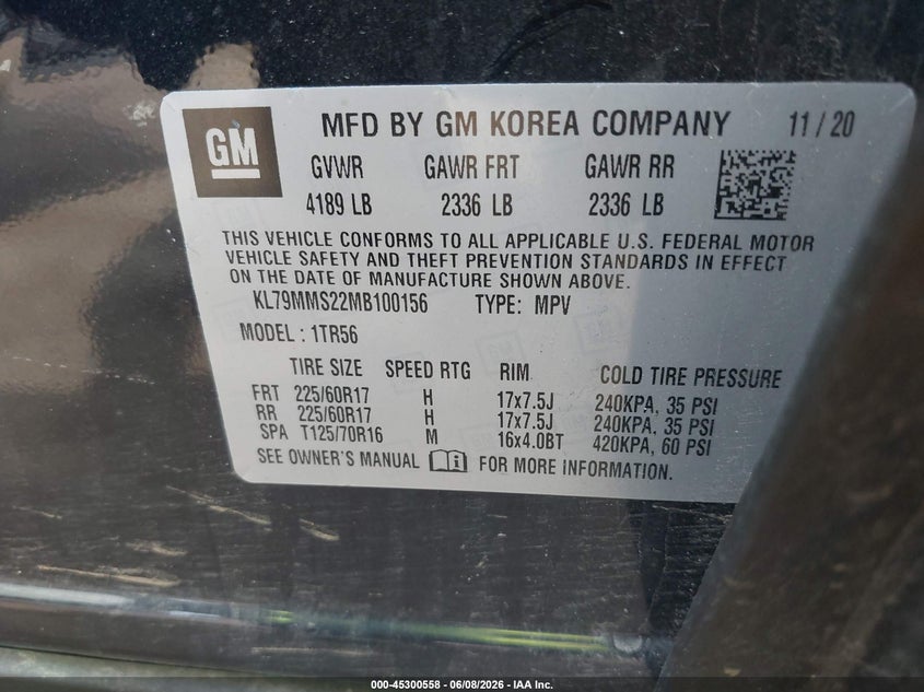 2021 Chevrolet Trailblazer VIN KL79MMS22MB100156 IAAI salvage auction — FRONT END, Salvage Title, sold $1,800 on 2026-07-09 (photo 9)