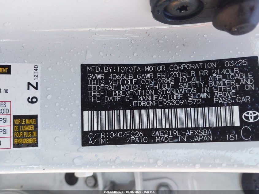 2025 Toyota Corolla VIN JTDBCMFE9S3091572 IAAI salvage auction — REAR END, Salvage Title, sold $4,950 on 2026-07-11 (photo 9)
