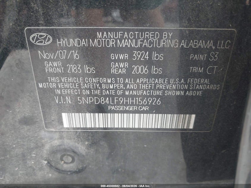 2017 Hyundai Elantra VIN 5NPD84LF9HH156926 IAAI salvage auction — FRONT END, Salvage Title, sold $925 on 2026-07-25 (photo 9)