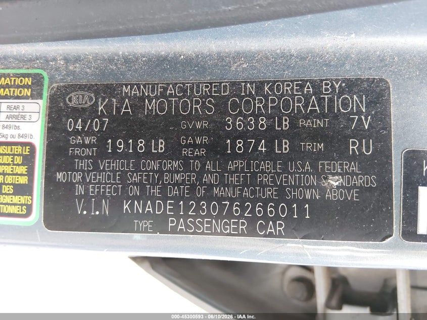 2007 Kia Rio VIN KNADE123076266011 IAAI salvage auction — LEFT & RIGHT, Bill Of Sale (Washington), sold $675 on 2026-07-08 (photo 9)