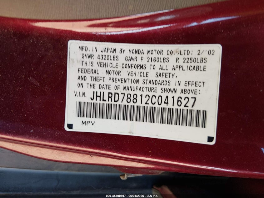 2002 Honda Cr-v VIN JHLRD78812C041627 IAAI salvage auction — REAR END, Salvage (Arizona), sold $1,450 on 2026-07-14 (photo 9)