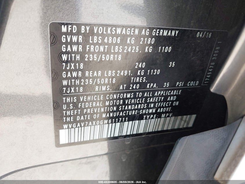 2016 Volkswagen Tiguan VIN WVGAV7AX0GW611711 IAAI salvage auction — FRONT END, Salvage Title, sold $1,700 on 2026-07-13 (photo 9)
