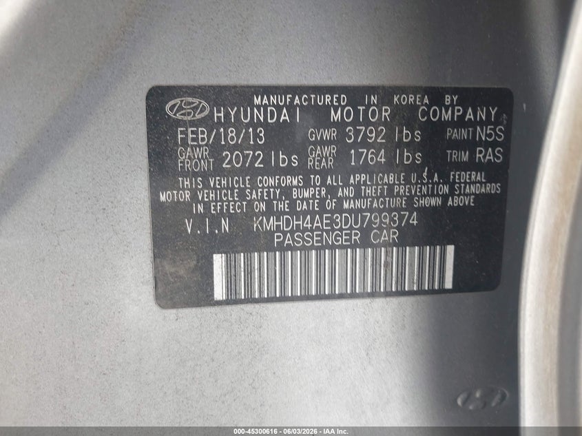 2013 Hyundai Elantra VIN KMHDH4AE3DU799374 IAAI salvage auction — NORMAL WEAR, Clear - Dealer Only (California), sold $1,100 on 2026-07-20 (photo 9)