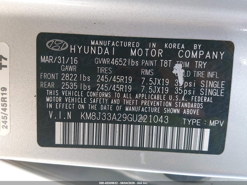 2016 Hyundai Tucson VIN KM8J33A29GU221043 IAAI salvage auction — NORMAL WEAR, Salvage Title, sold $2,625 on 2026-07-16 (photo 9)