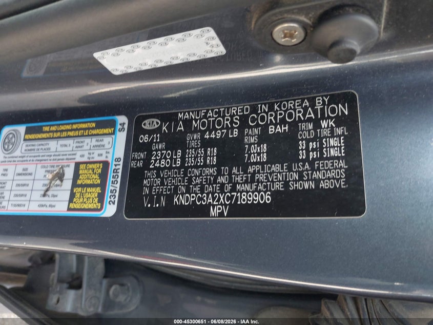 2012 Kia Sportage VIN KNDPC3A2XC7189906 IAAI salvage auction — FRONT END, Salvage Title, sold $2,100 on 2026-07-10 (photo 9)