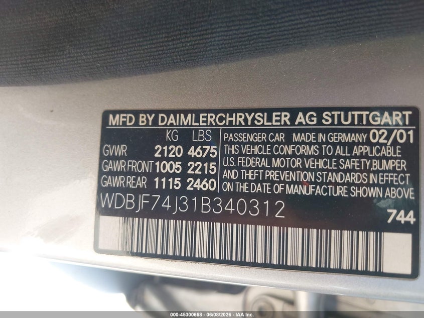 2001 Mercedes-benz E-class VIN WDBJF74J31B340312 IAAI salvage auction — UNKNOWN, Salvage (Arizona), sold $1,050 on 2026-07-09 (photo 9)