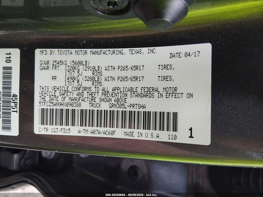 2017 Toyota Tacoma VIN 5TFCZ5AN9HX090388 IAAI salvage auction — REAR END, Salvage Title, sold $14,525 on 2026-07-15 (photo 9)