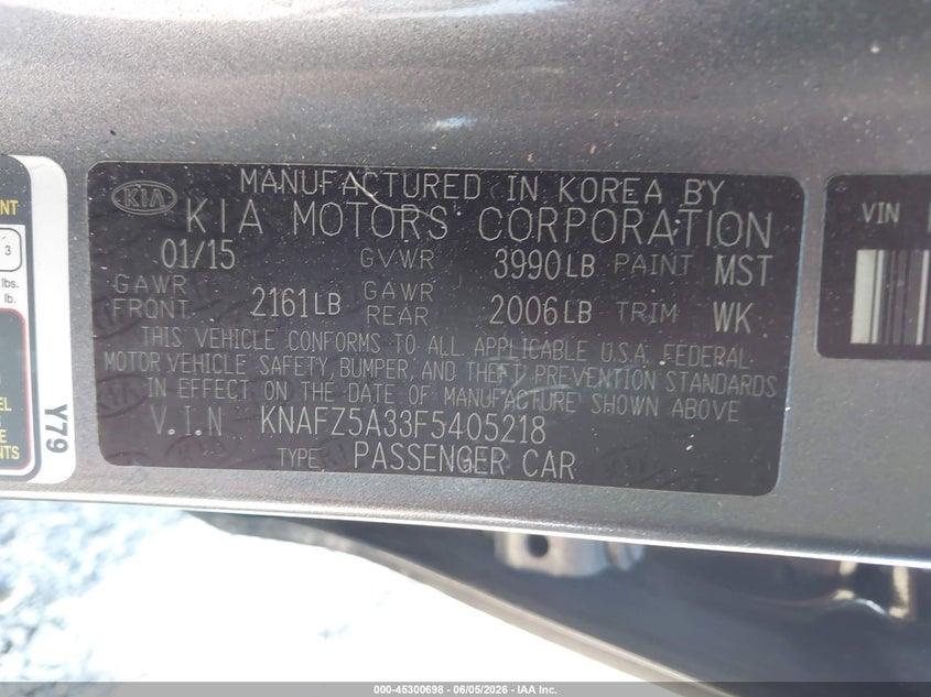 2015 Kia Forte VIN KNAFZ5A33F5405218 IAAI salvage auction — RIGHT SIDE, Salvage Title, sold $875 on 2026-07-22 (photo 9)