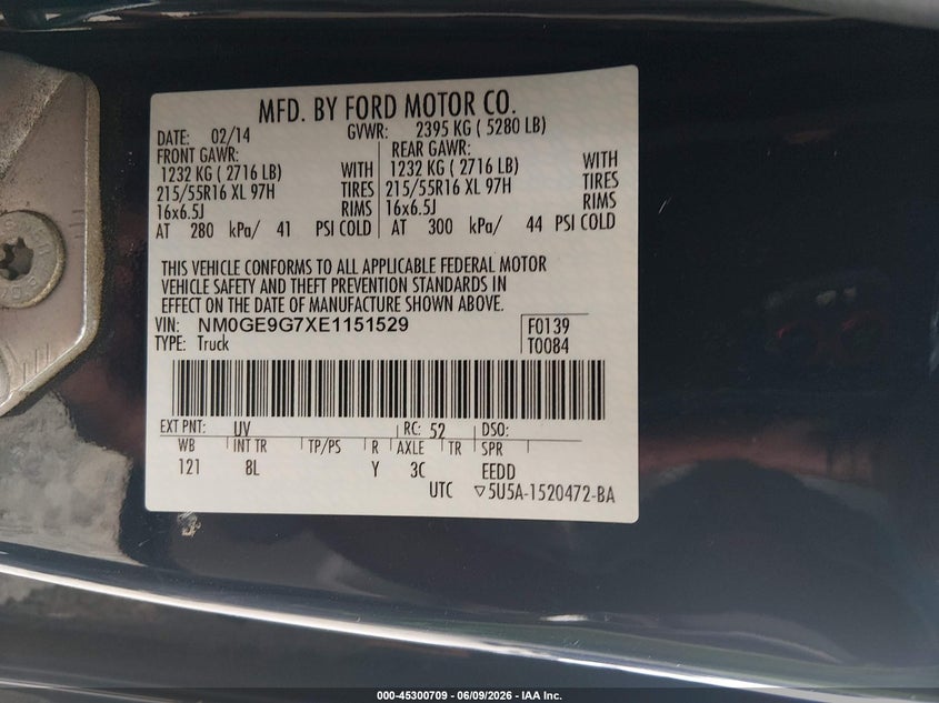 2014 Ford Transit VIN NM0GE9G7XE1151529 IAAI salvage auction — FRONT & REAR, Salvage Title, sold $2,300 on 2026-07-15 (photo 9)