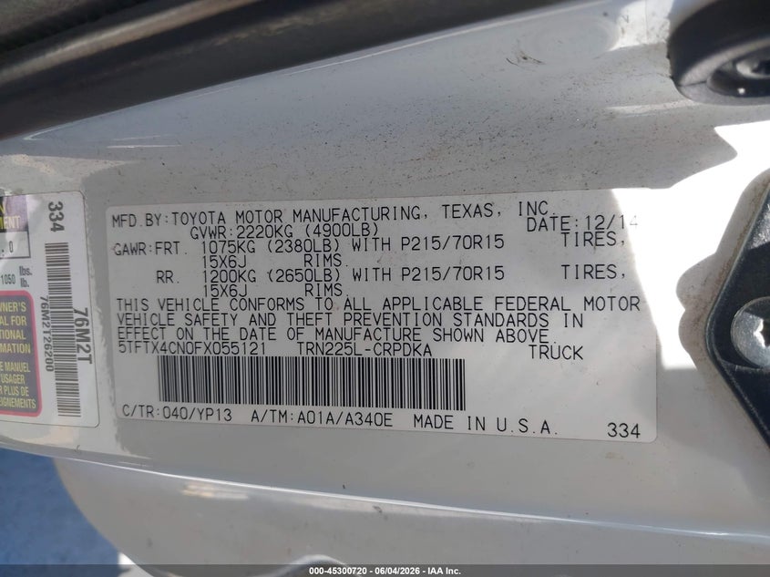 2015 Toyota Tacoma VIN 5TFTX4CN0FX055121 IAAI salvage auction — NORMAL WEAR, Salvage Title, sold $4,800 on 2026-07-20 (photo 9)