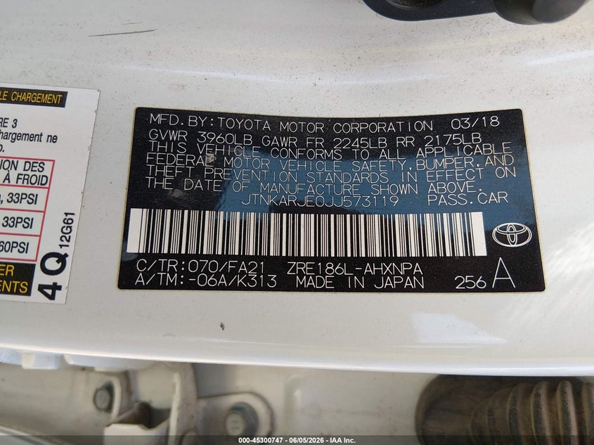 2018 Toyota Corolla VIN JTNKARJE0JJ573119 IAAI salvage auction — LEFT SIDE, Salvage (Nevada), sold $3,600 on 2026-07-31 (photo 9)