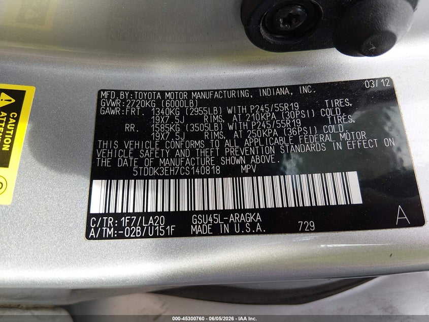 2012 Toyota Highlander VIN 5TDDK3EH7CS140818 IAAI salvage auction — FRONT END, Salvage Title, sold $5,500 on 2026-07-10 (photo 9)