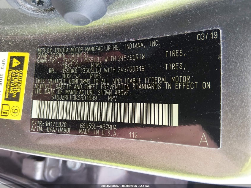 2019 Toyota Highlander VIN 5TDJZRFH3KS591999 IAAI salvage auction — ROLLOVER, Salvage Title, sold $1,700 on 2026-07-08 (photo 9)