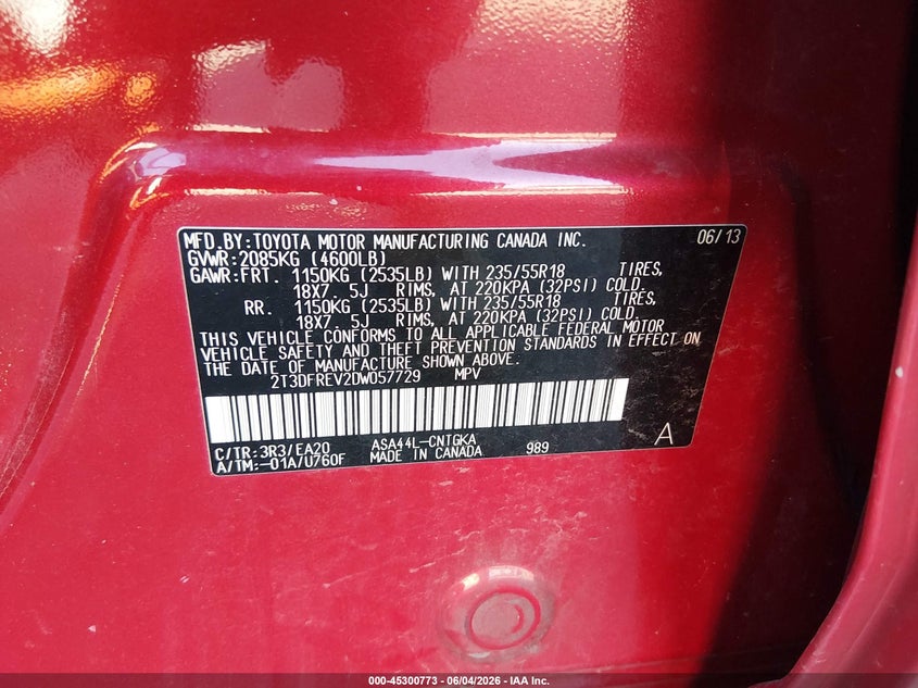 2013 Toyota Rav 4 VIN 2T3DFREV2DW057729 IAAI salvage auction — REAR END, Salvage Title, sold $4,750 on 2026-07-09 (photo 9)