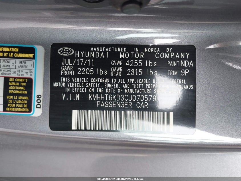 2012 Hyundai Genesis VIN KMHHT6KD3CU070579 IAAI salvage auction — FRONT END, Salvage Title, sold $950 on 2026-07-08 (photo 9)