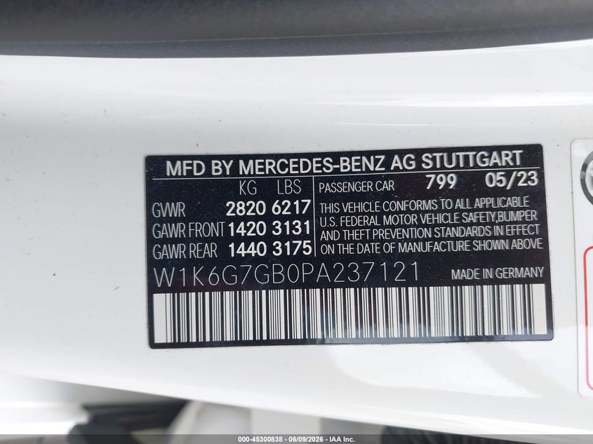2023 Mercedes-benz S-klasse VIN W1K6G7GB0PA237121 IAAI salvage auction — WATER/FLOOD, Salvage (Texas), sold $3,550 on 2026-07-30 (photo 9)
