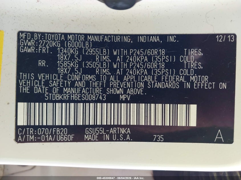 2014 Toyota Highlander VIN 5TDBKRFH6ES008743 IAAI salvage auction — RIGHT SIDE, Salvage Title, sold $4,550 on 2026-07-15 (photo 9)