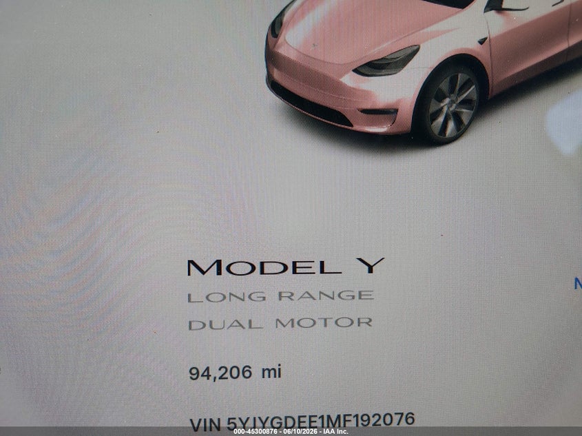 2021 Tesla Model y VIN 5YJYGDEE1MF192076 IAAI salvage auction — FRONT & REAR, Salvage (Georgia), sold $9,000 on 2026-07-09 (photo 7)